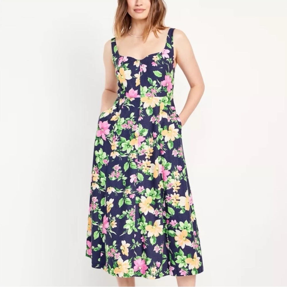 Old Navy Fit & Flare Sleeveless Navy Floral Linen Blend Midi Dress Cottage XS